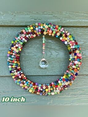 Multicolor Beaded Crystal Suncatcher Wreath 10 inch